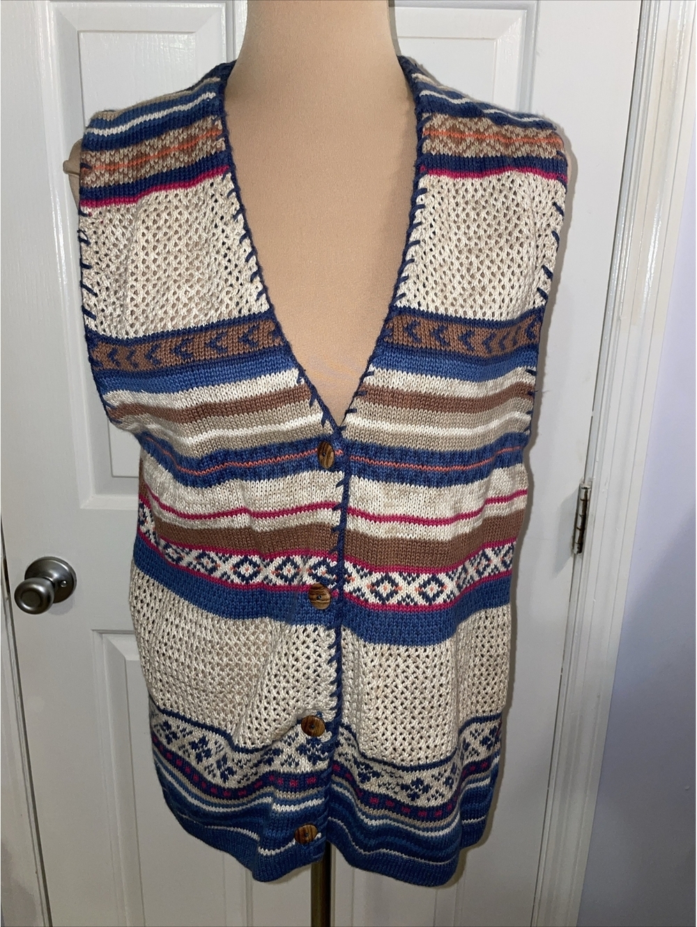 Vintage Gina Peters Vest Medium Womens Blue Aztec Sweater Wood Buttons